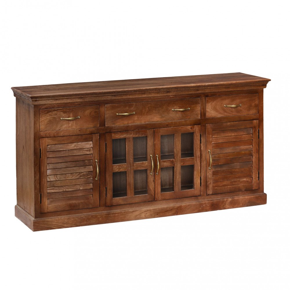 Credenza ANSELM marrone in legno su sfondo bianco, vista tre quarti dei cassetti