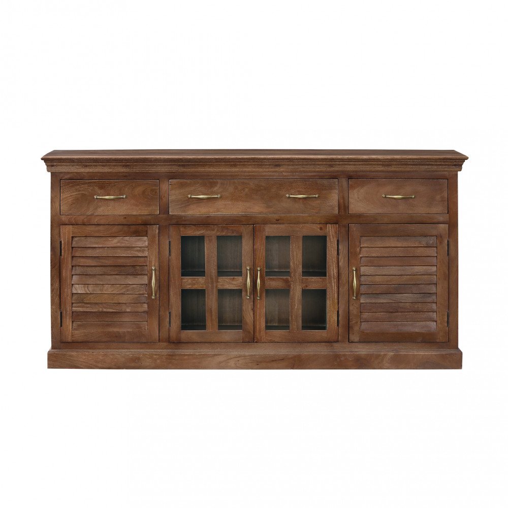 Credenza ANSELM marrone frontale su sfondo bianco con tre cassetti e due ante a vetro
