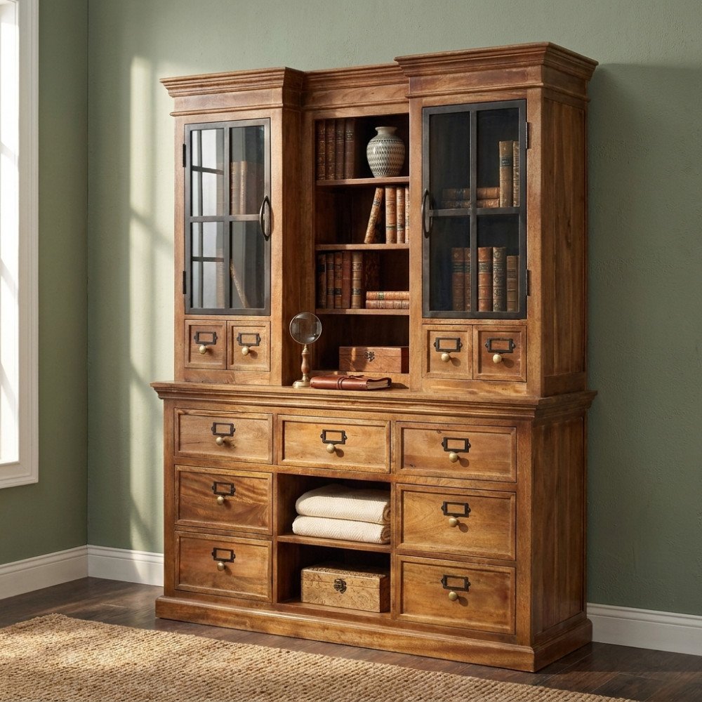 Credenza BARDEN marrone in un soggiorno con pareti verde salvia, vista di tre quarti