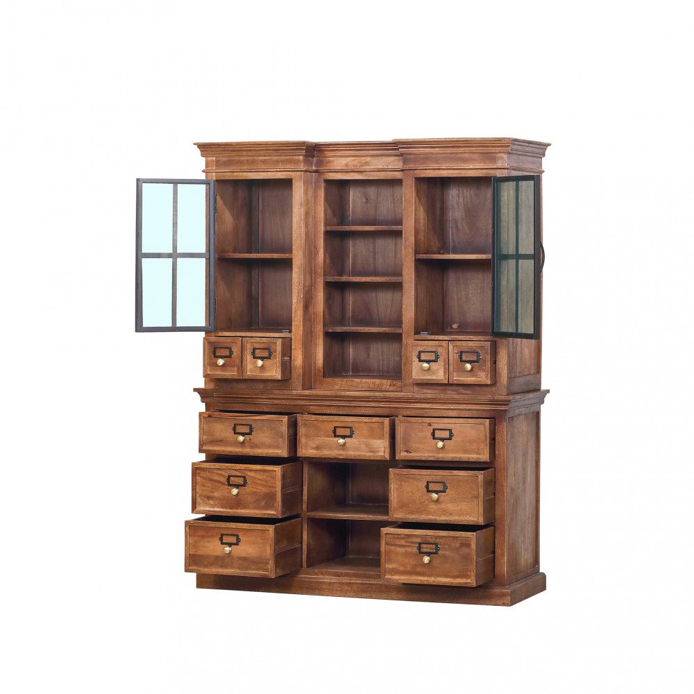 Credenza BARDEN marrone con cassetti aperti su fondo bianco, vista di tre quarti