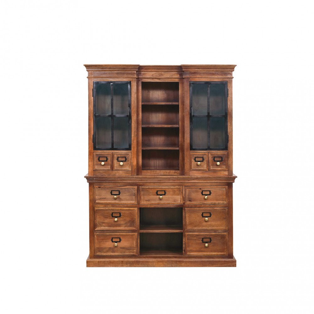 Credenza BARDEN marrone miele frontale su fondo bianco, vetrina centrale e cassetti
