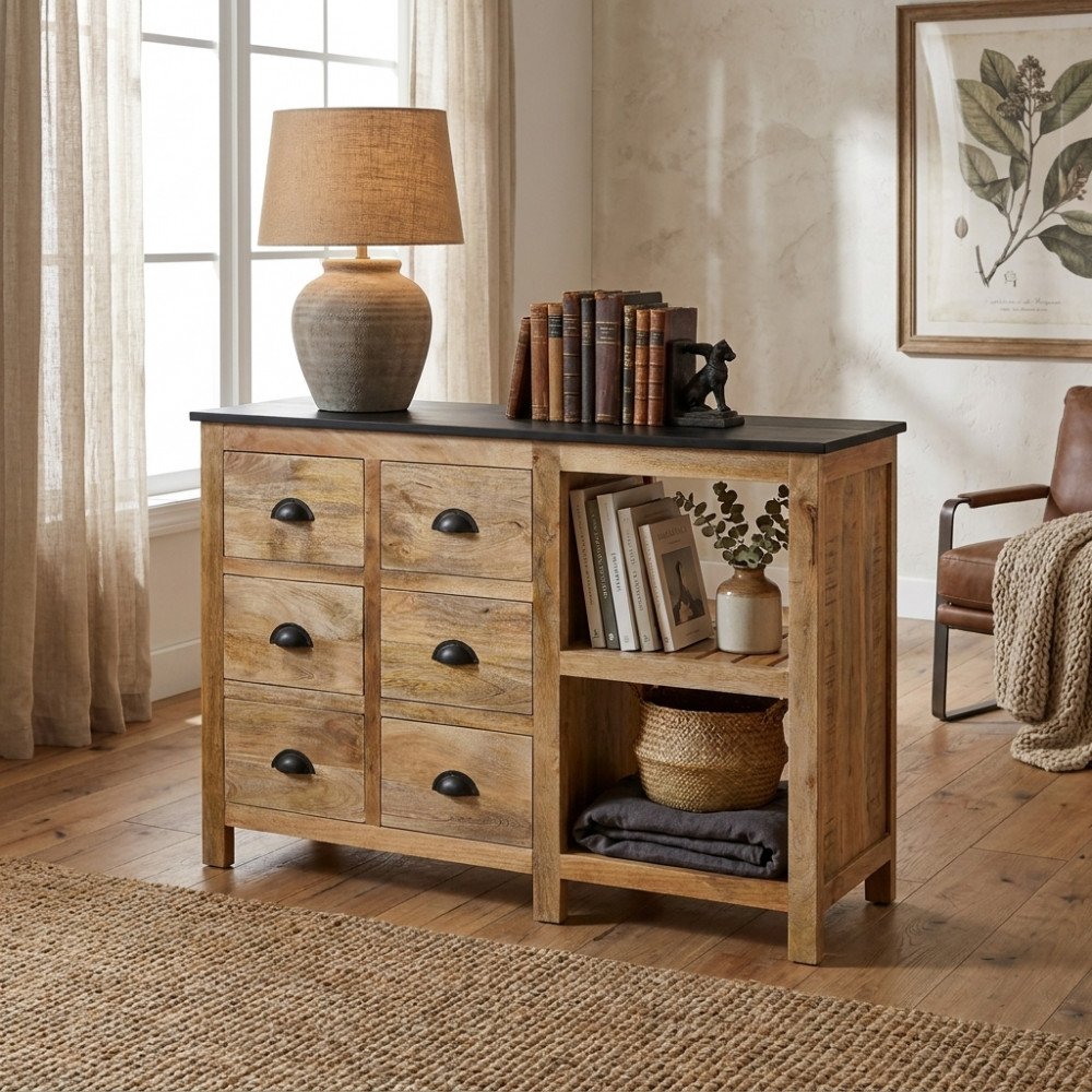 Credenza BRANTON in legno marrone in soggiorno con sei cassetti e due vani a giorno