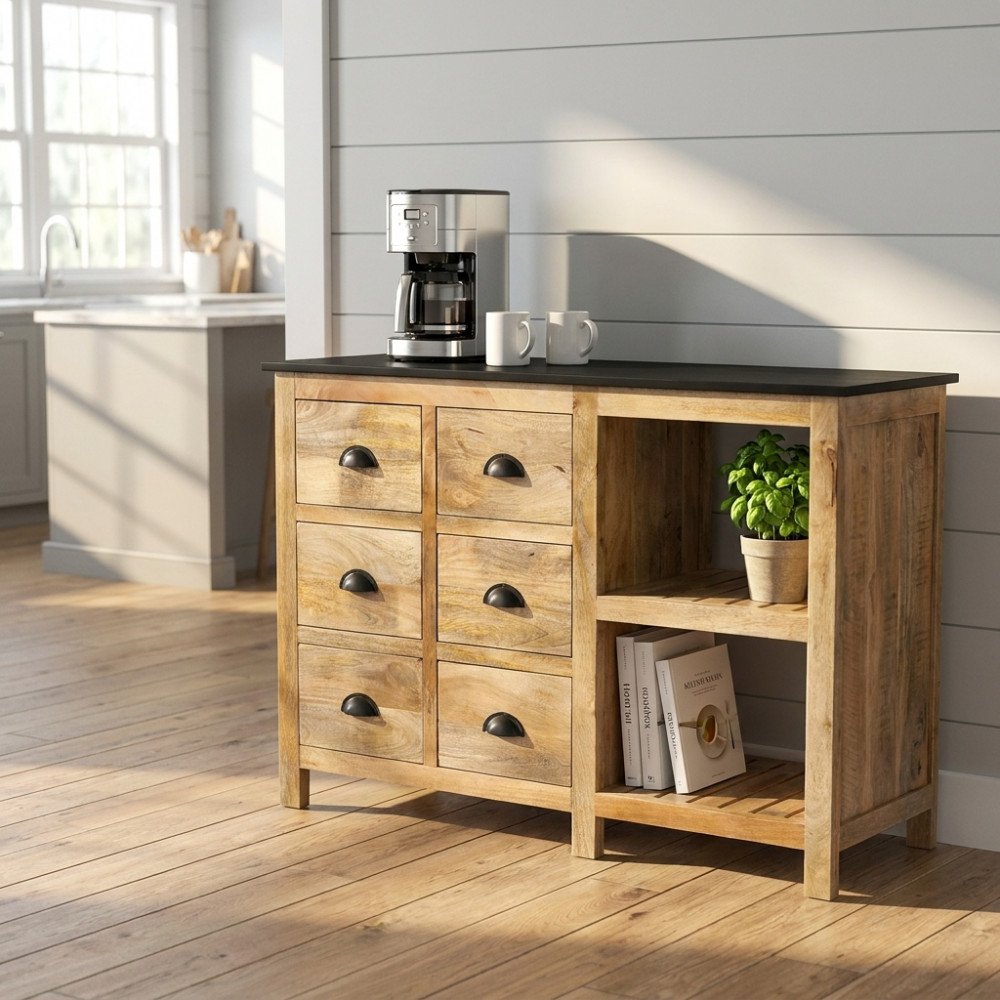Credenza BRANTON marrone in cucina con macchina da caffè e piantina sui vani a giorno