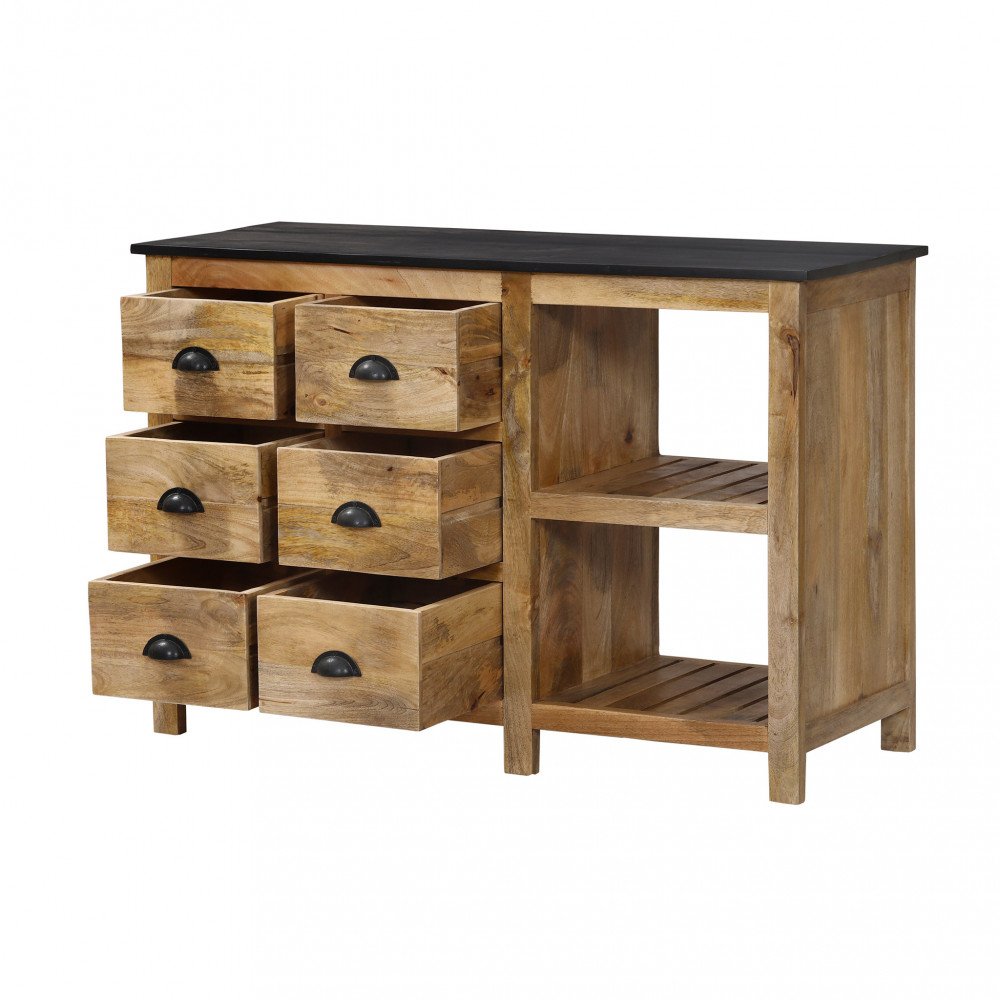 Credenza BRANTON marrone con cassetti leggermente aperti e maniglie a conchiglia nere