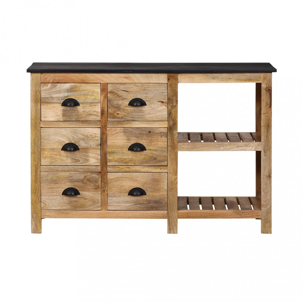 Credenza BRANTON marrone vista frontale su fondo bianco, piano scuro e struttura in legno