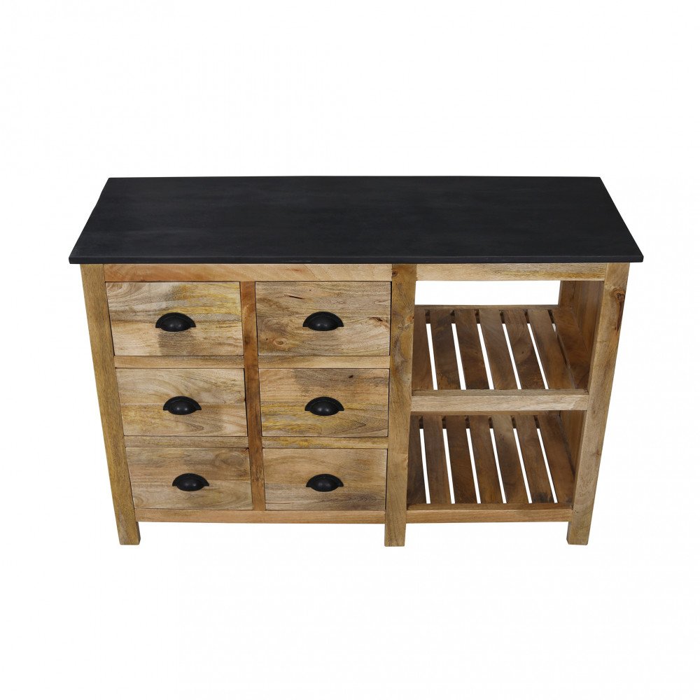 Credenza BRANTON marrone frontale con quattro piedi corti e due vani a giorno impilati