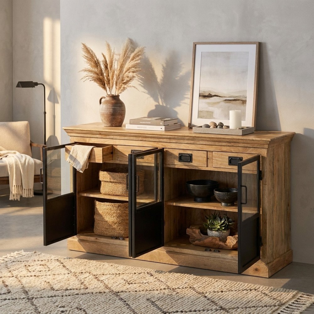 Credenza CLYDE marrone con ante aperte che mostrano i ripiani interni, in soggiorno arredato
