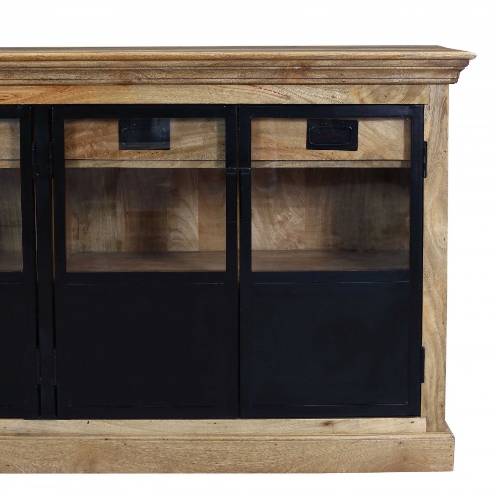 Credenza CLYDE marrone frontale con ante scorrevoli, metà superiore in vetro e inferiore nera