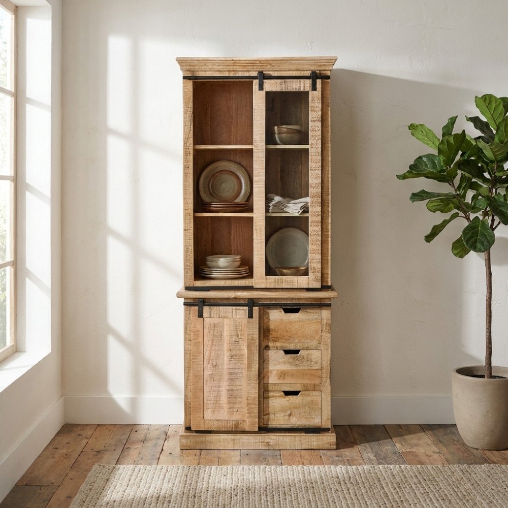 Credenza NORWELL marrone in legno con ante scorrevoli aperte e cassetti, in soggiorno con pianta