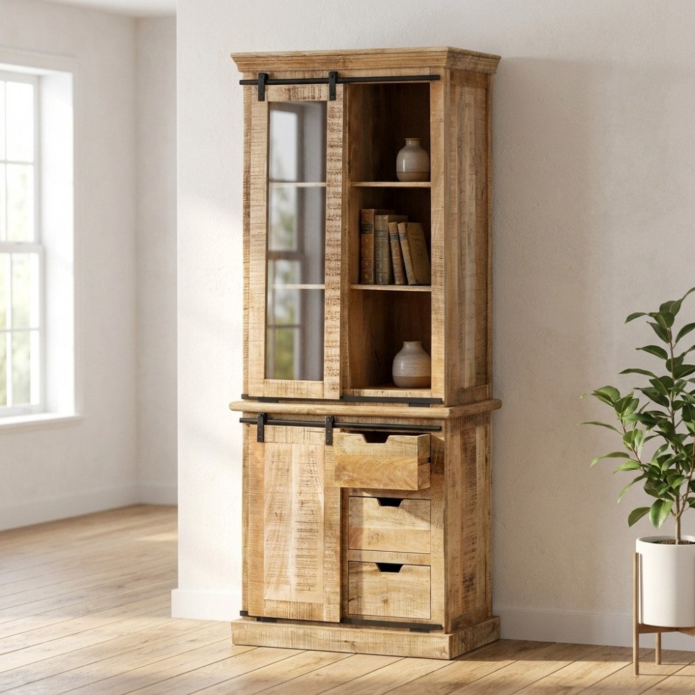 Mobile NORWELL marrone a colonna con ripiani e libri, vista di tre quarti in ambiente luminoso