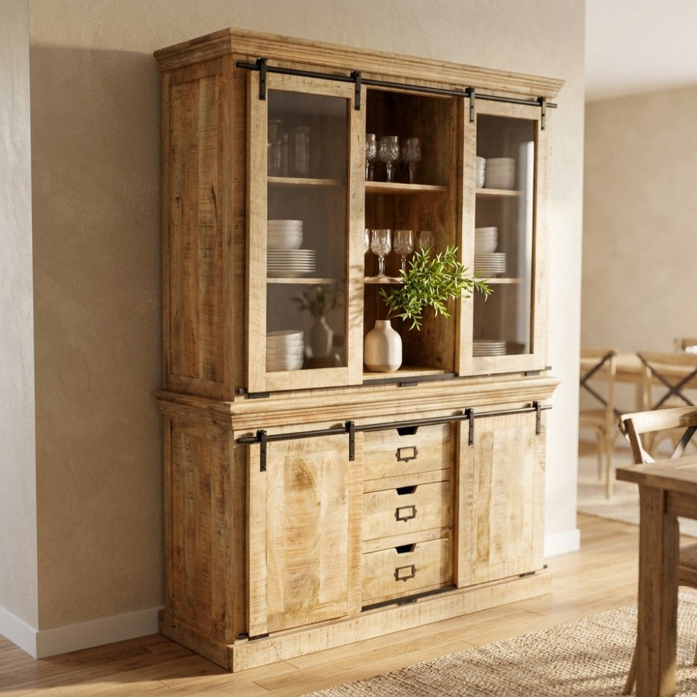 Credenza OSMOND in legno di mango marrone con vetrine aperte, ambientata in soggiorno