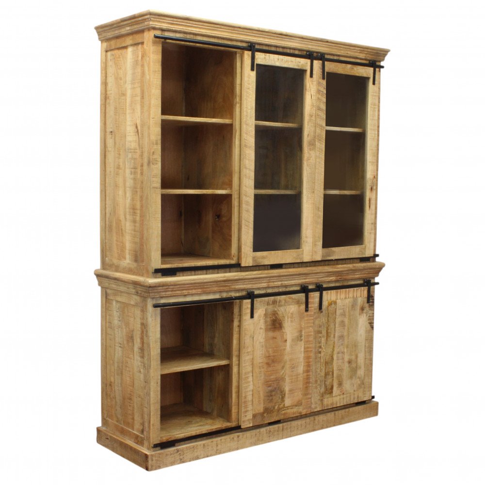 Credenza OSMOND marrone con vani aperti e chiusi in vetro e legno