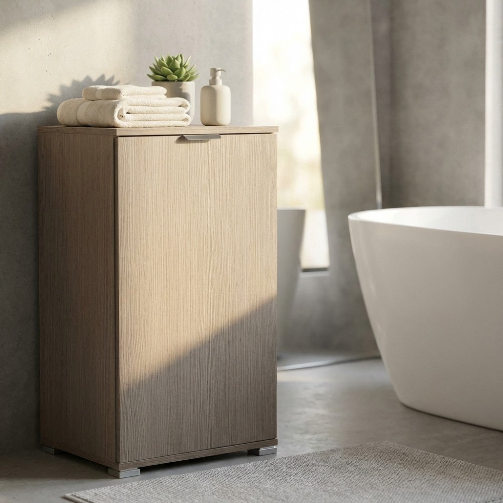 Mobiletto ad anta singola verticale in rovere grigio in bagno, accanto a vasca freestanding bianca