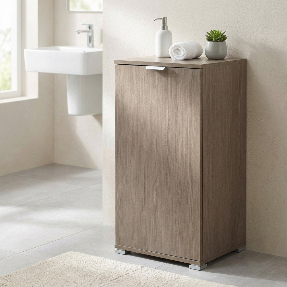 Mobiletto MOBILETTO ad anta verticale rovere grigio in bagno con asciugamani e pianta grassa sopra