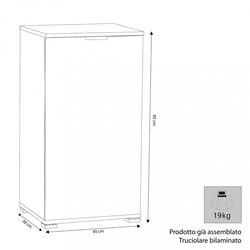Disegno quotato del mobiletto verticale: altezza 85 cm, profondità 38 cm, larghezza 45 cm