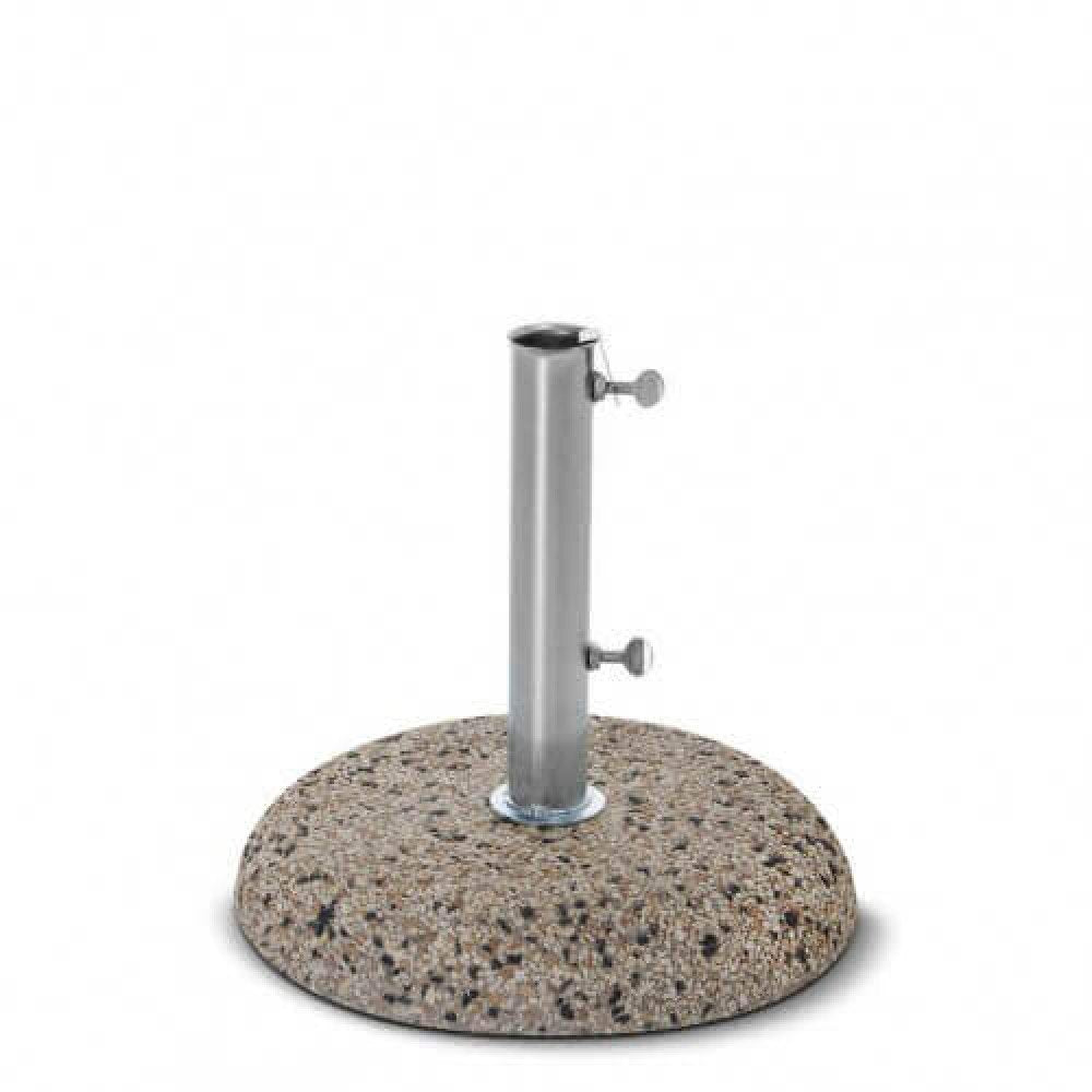 Base tonda per ombrellone in ghiaino lavato grigio-beige con tubo argentato e due galletti, vista frontale