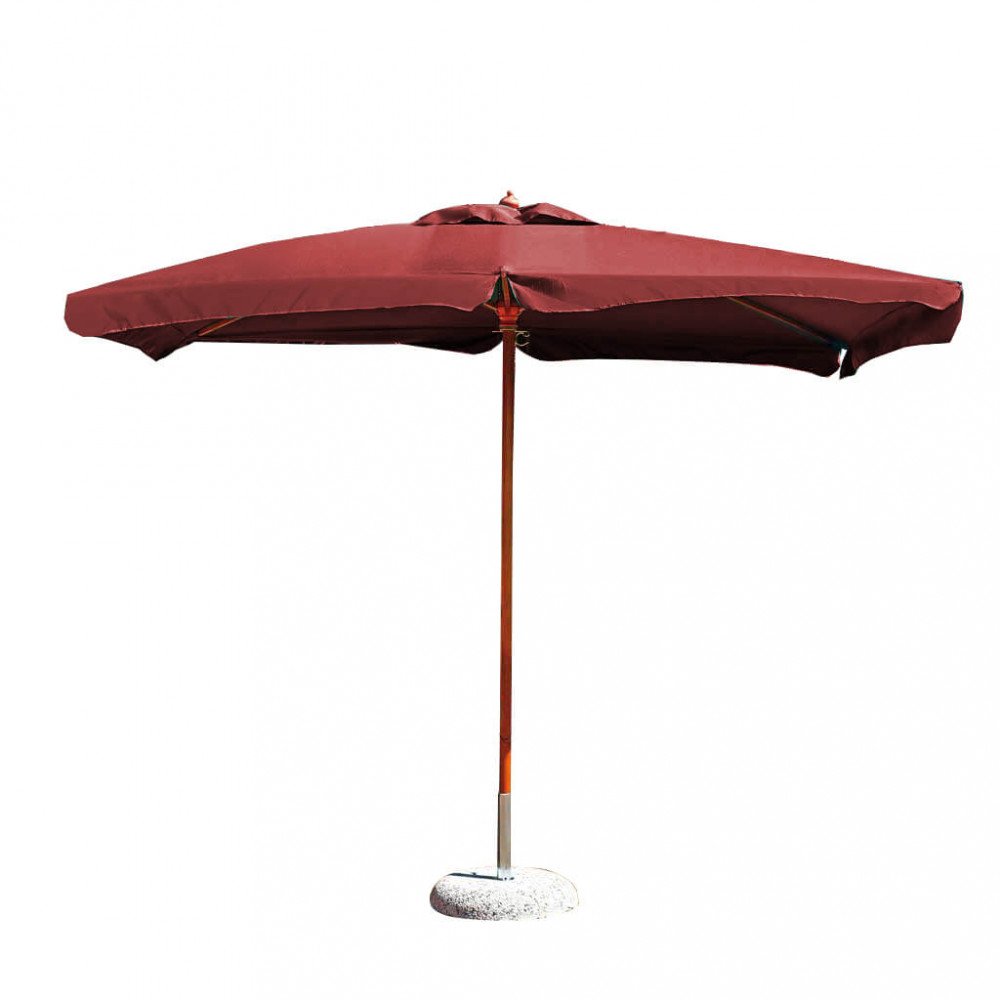 Ombrellone LENA rosso bordeaux con palo color miele, vista frontale su fondo bianco #colore_Rosso
