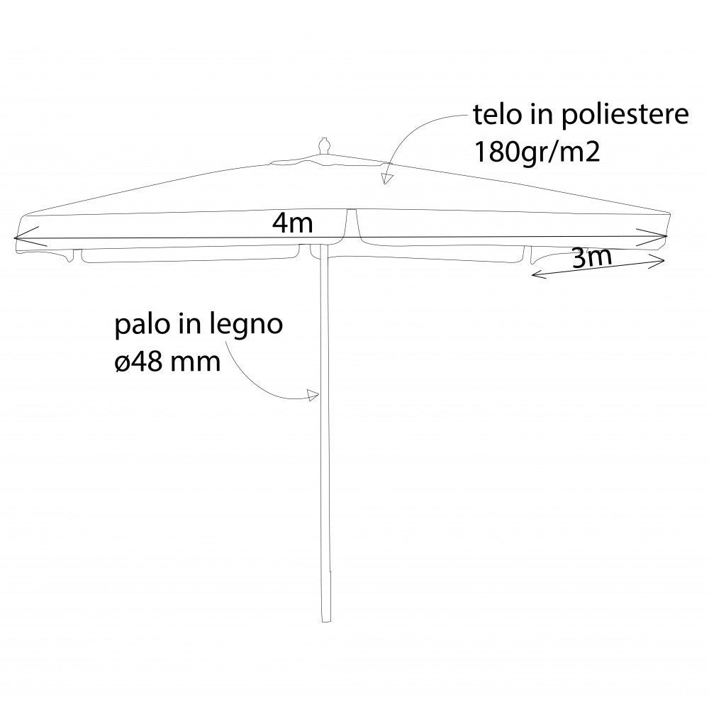 Disegno tecnico di profilo dell'ombrellone LENA rosso con misure 4 m per 3 m #colore_Rosso