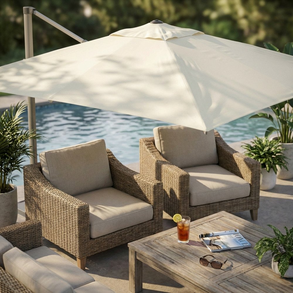 Telo BRIAN per ombrellone quadrato beige aperto sopra poltroncine in midollino e piscina