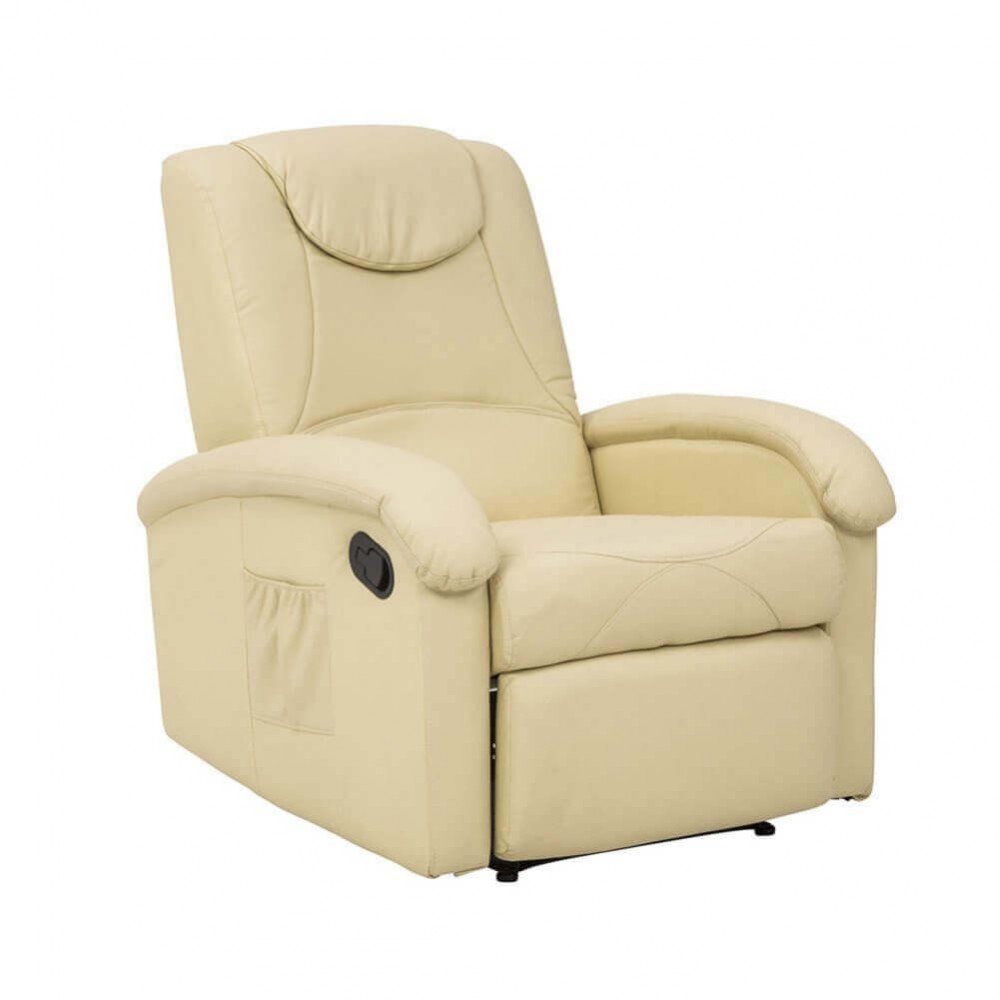 Poltrona NET reclinabile beige su sfondo bianco, vista di tre quarti con poggiapiedi chiuso #colore_Beige