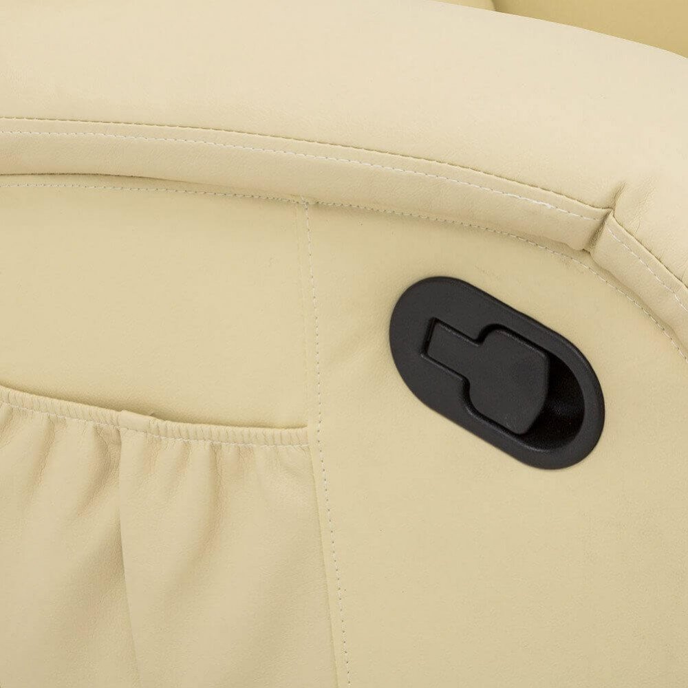 Dettaglio del fianco della poltrona NET beige con cuciture bianche e leva nera di reclinazione #colore_Beige