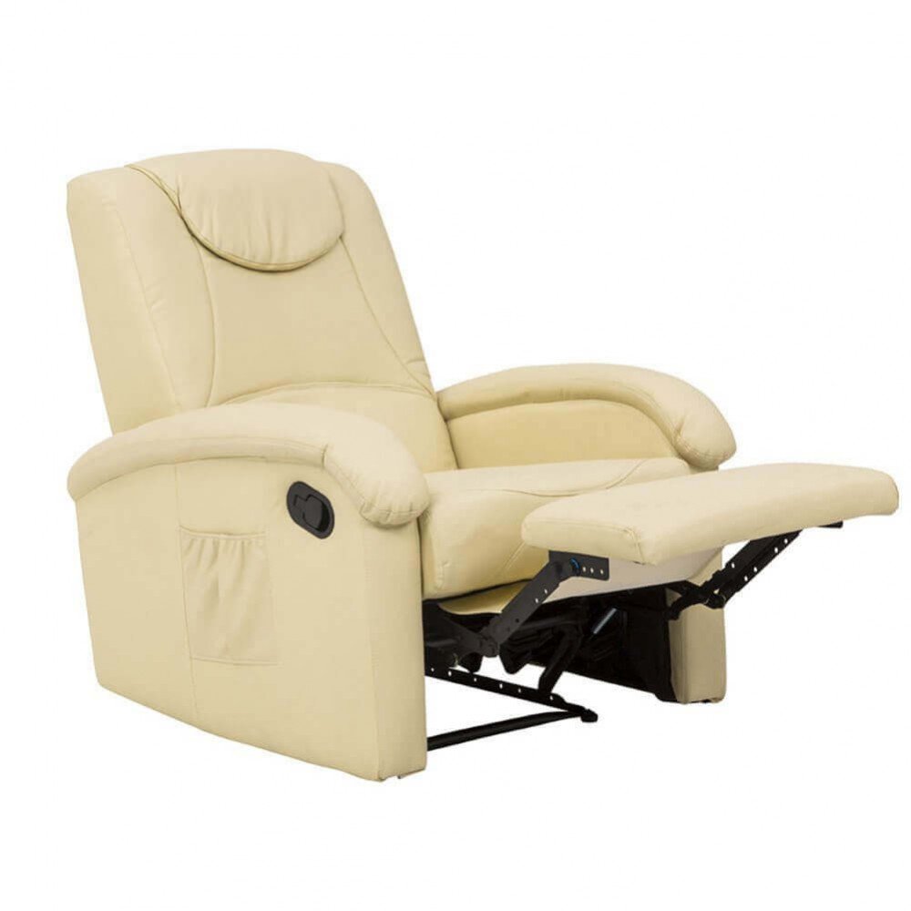 Poltrona NET beige reclinata su sfondo bianco, poggiapiedi esteso e meccanismo metallico visibile #colore_Beige