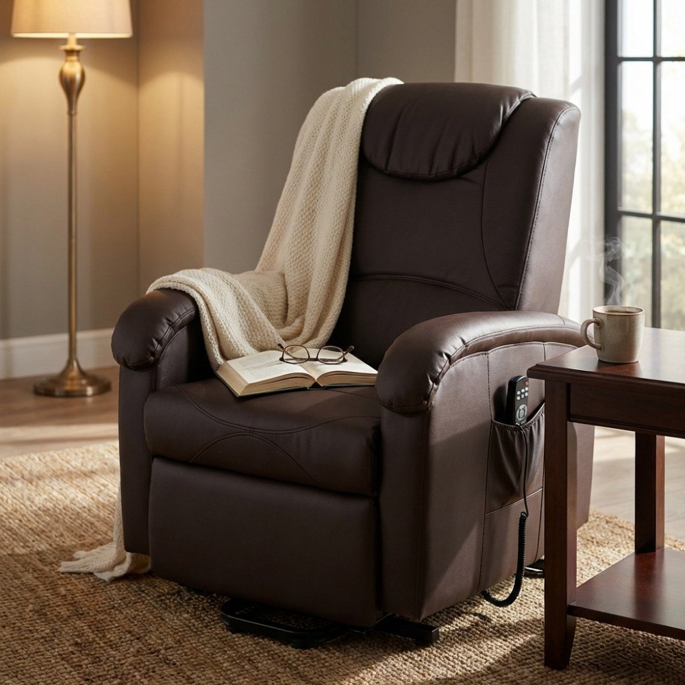 Poltrona elettrica alzapersona PRIME marrone in interno con coperta e tavolino #colore_Marrone