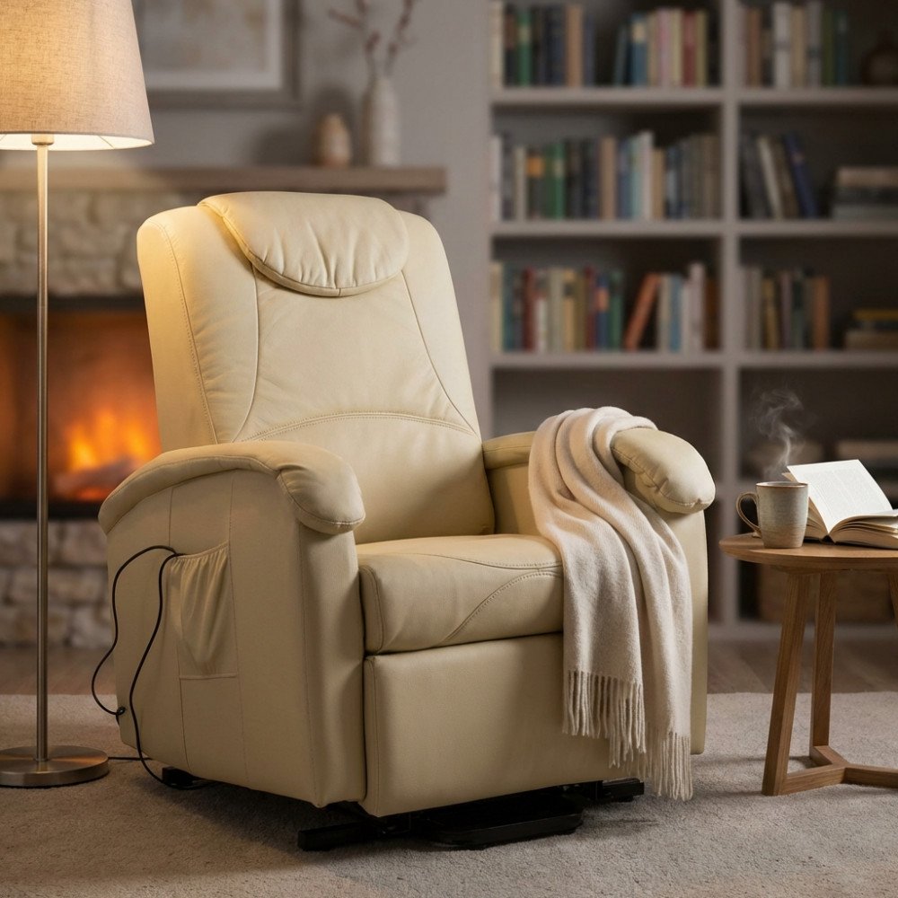 Poltrona alzapersona PEACE beige davanti al camino, vista di tre quarti con cavo sul fianco #colore_Beige