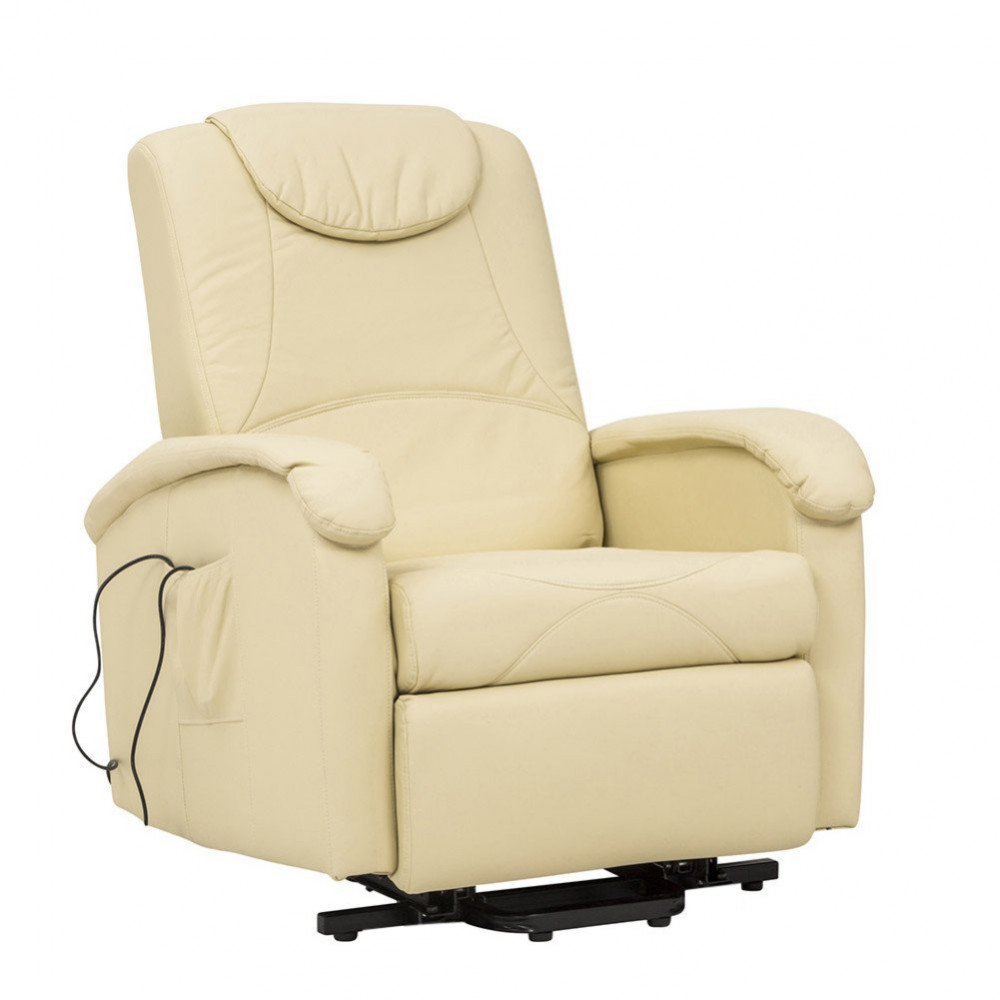 Poltrona PEACE beige su sfondo bianco, vista di tre quarti con poggiapiedi abbassato #colore_Beige