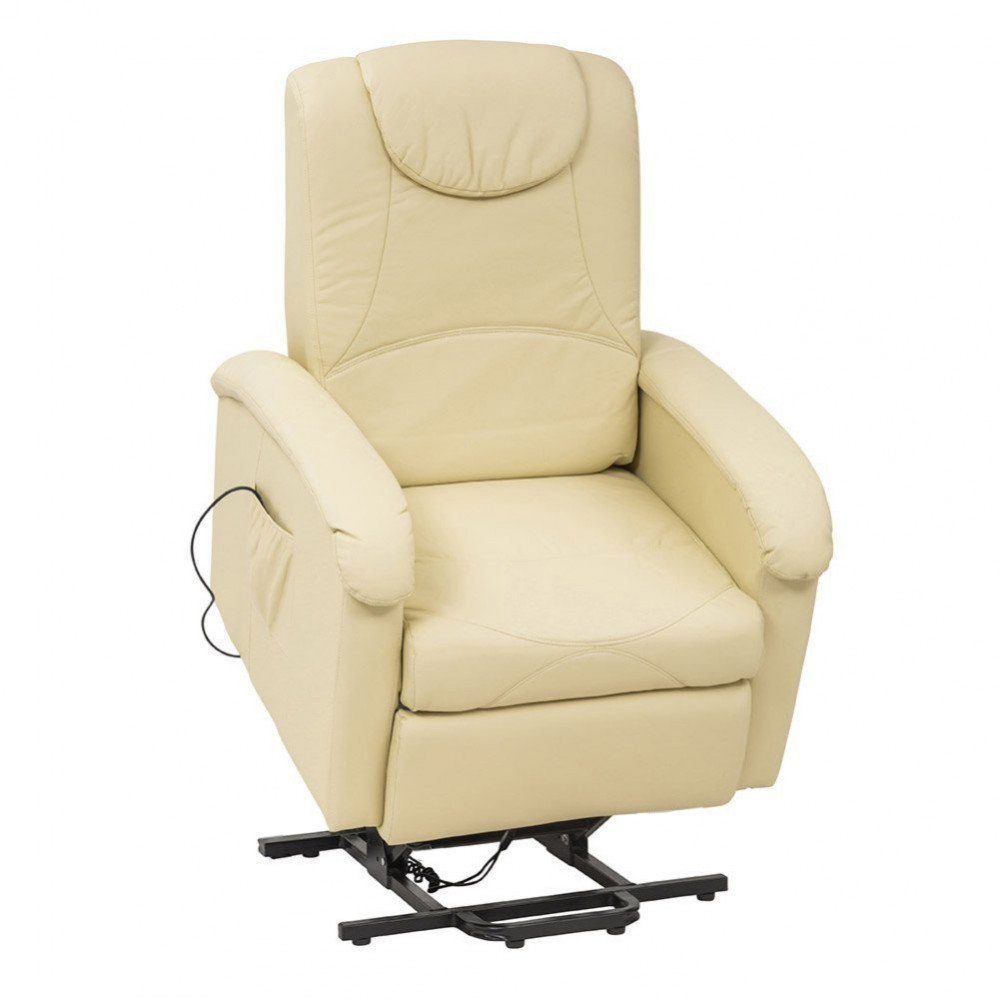 Poltrona alzapersona PEACE beige su sfondo bianco, vista laterale con cavo e meccanismo nero alla base #colore_Beige