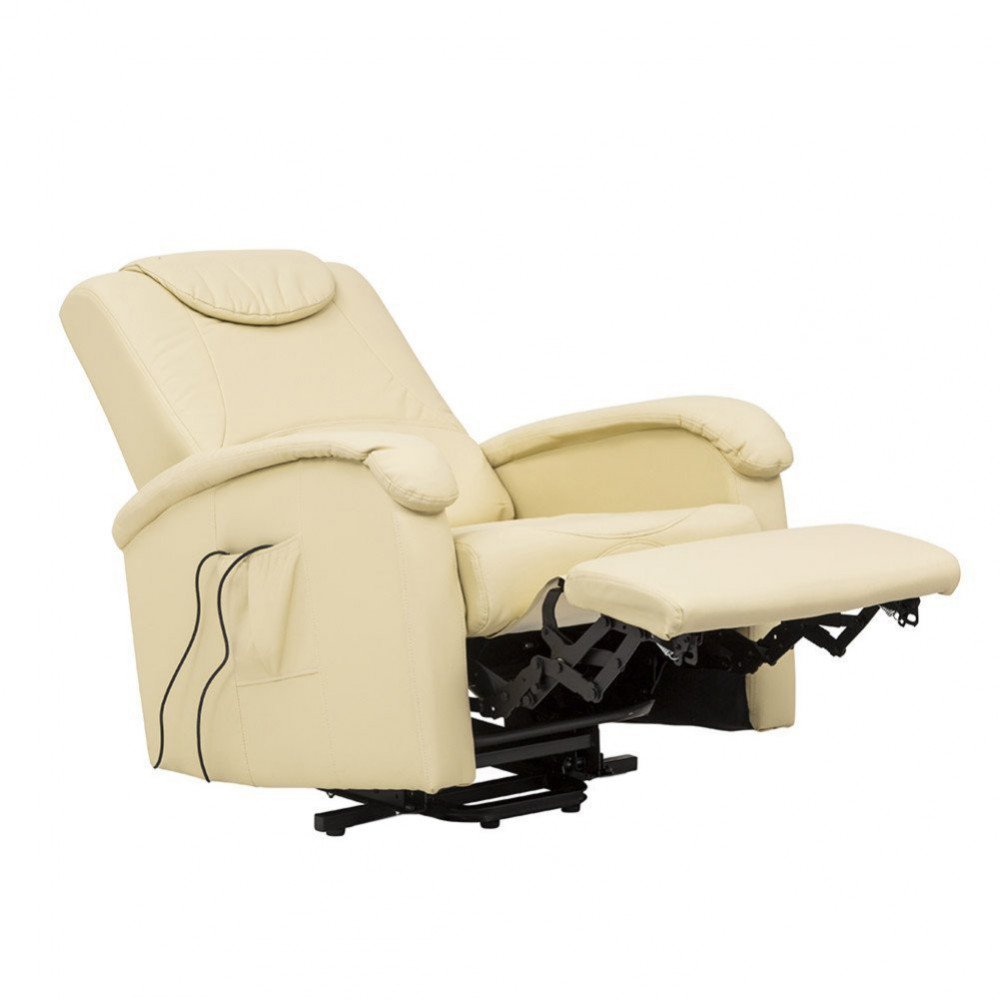 Poltrona alzapersona PEACE beige con poggiapiedi esteso su sfondo bianco, meccanismo a vista #colore_Beige