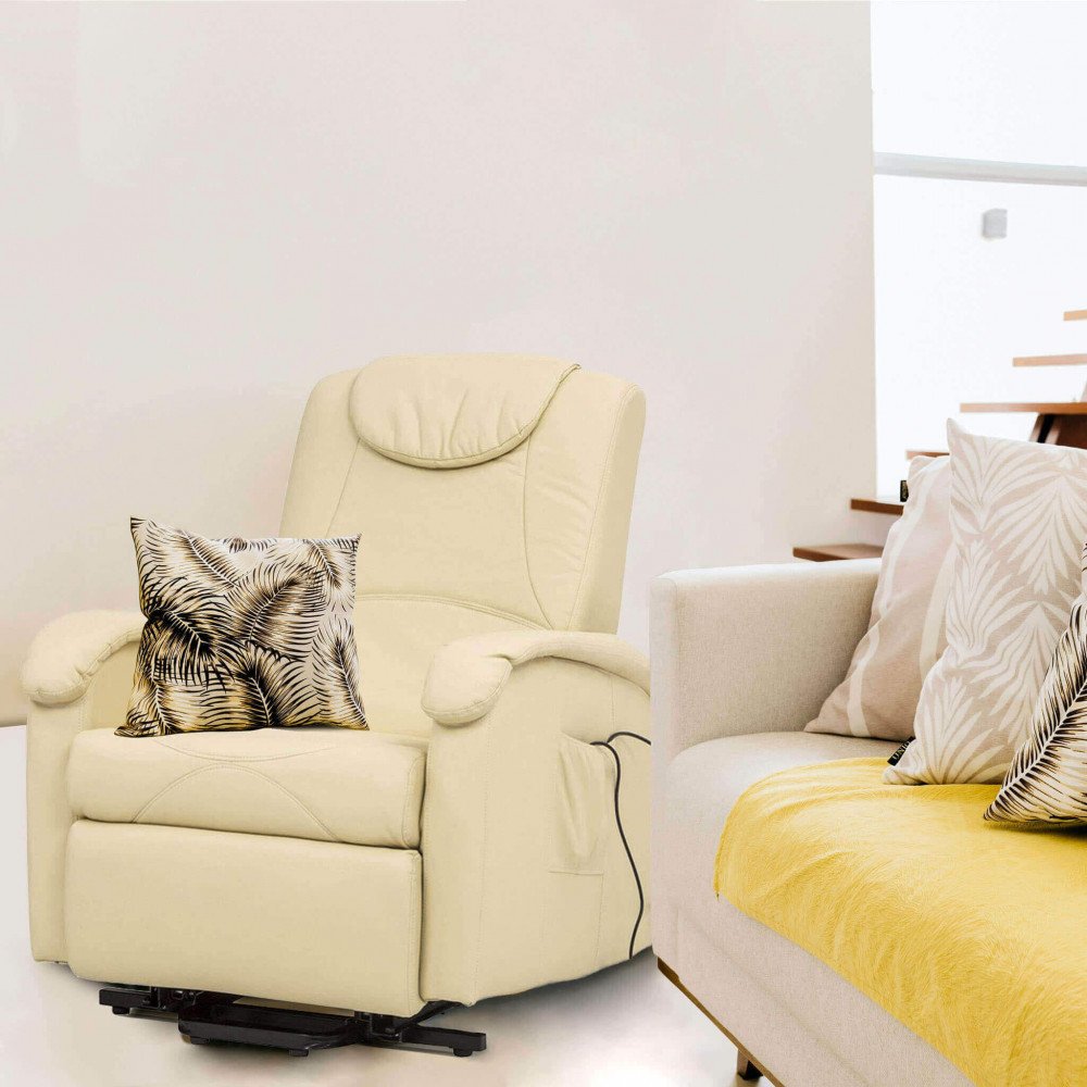 Poltrona alzapersona PEACE beige reclinata di lato, con cuscino decorativo a foglie tropicali #colore_Beige
