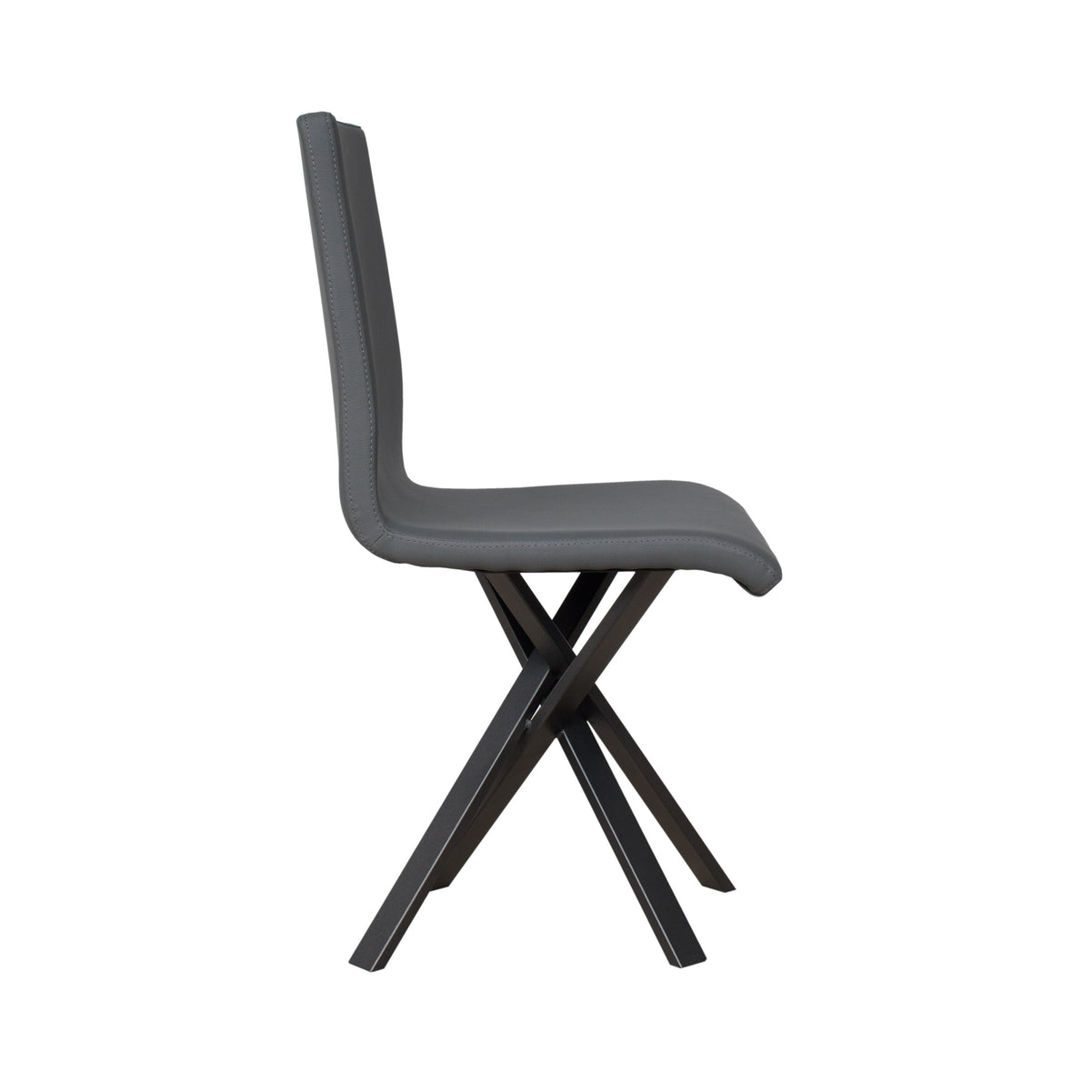 Sedia AURY grigia vista di lato su fondo bianco, gambe in metallo a X #colore_Grigio