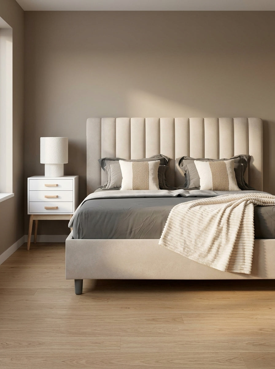 Camera con letto AGUEDA color sabbia, comodino EXCEPTIONAL bianco, lampada RADHA in bouclé, plaid NIKO e cuscini MANPUR