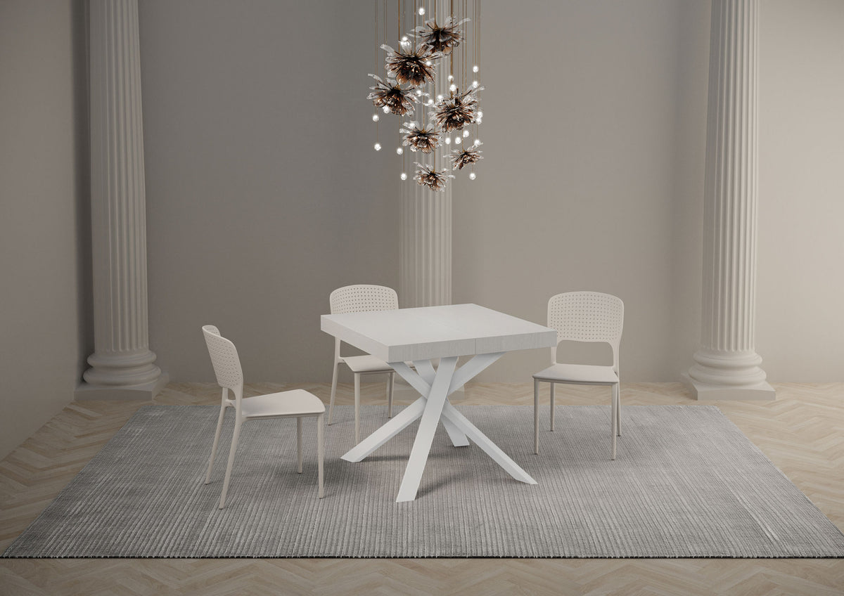 Tavolo da pranzo CLERK bianco frassino in ambiente chiaro con sedie bianche e colonne #colore_Bianco Frassino