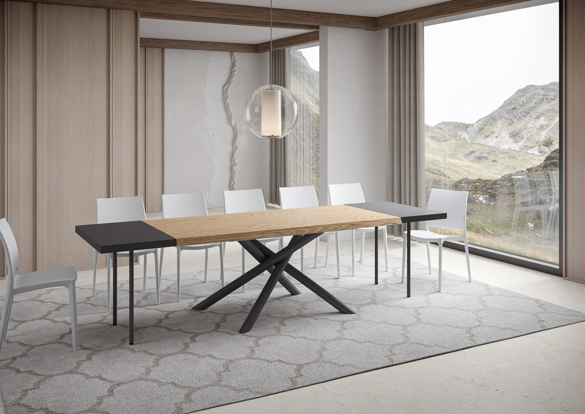 Render del tavolo VINDRAL rovere con due prolunghe laterali antracite