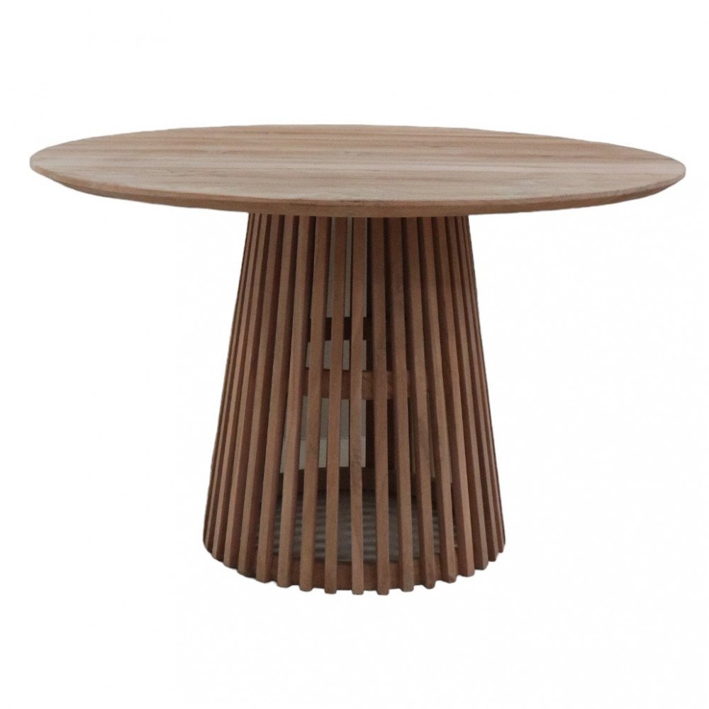 Tavolo rotondo PITTSBURGH marrone in teak su sfondo bianco, vista frontale con base a doghe verticali