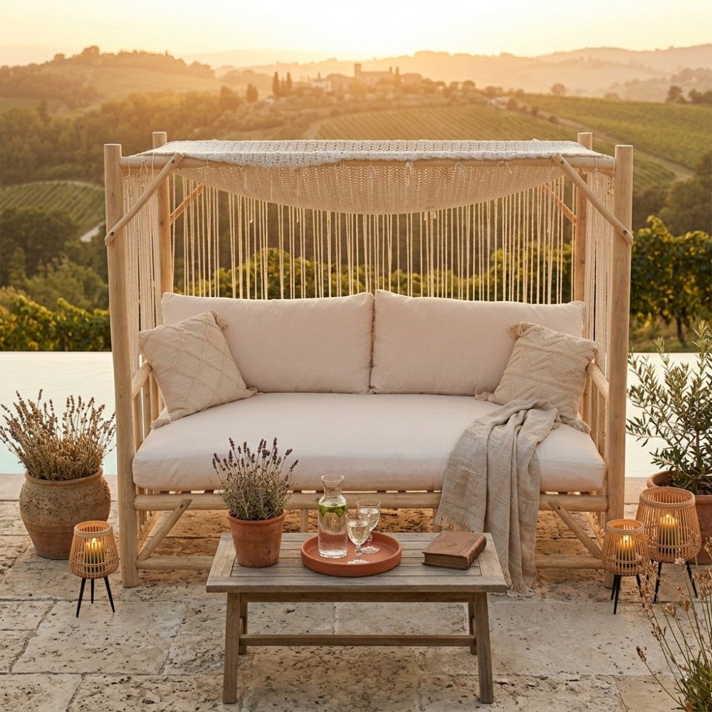 Gazebo letto CAMBRIGE in teak marrone chiaro con divano e cuscini, esterno al tramonto