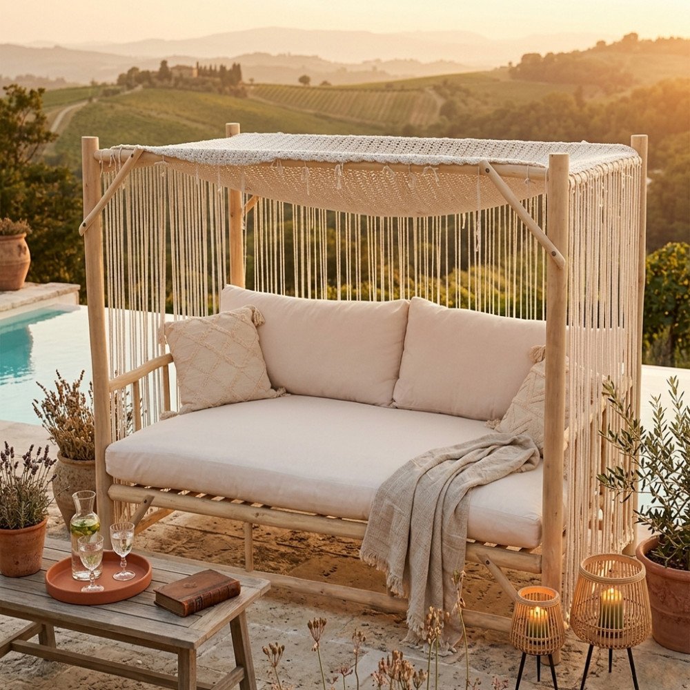 Gazebo letto CAMBRIGE marrone chiaro con baldacchino crochet accanto alla piscina, vista tre quarti