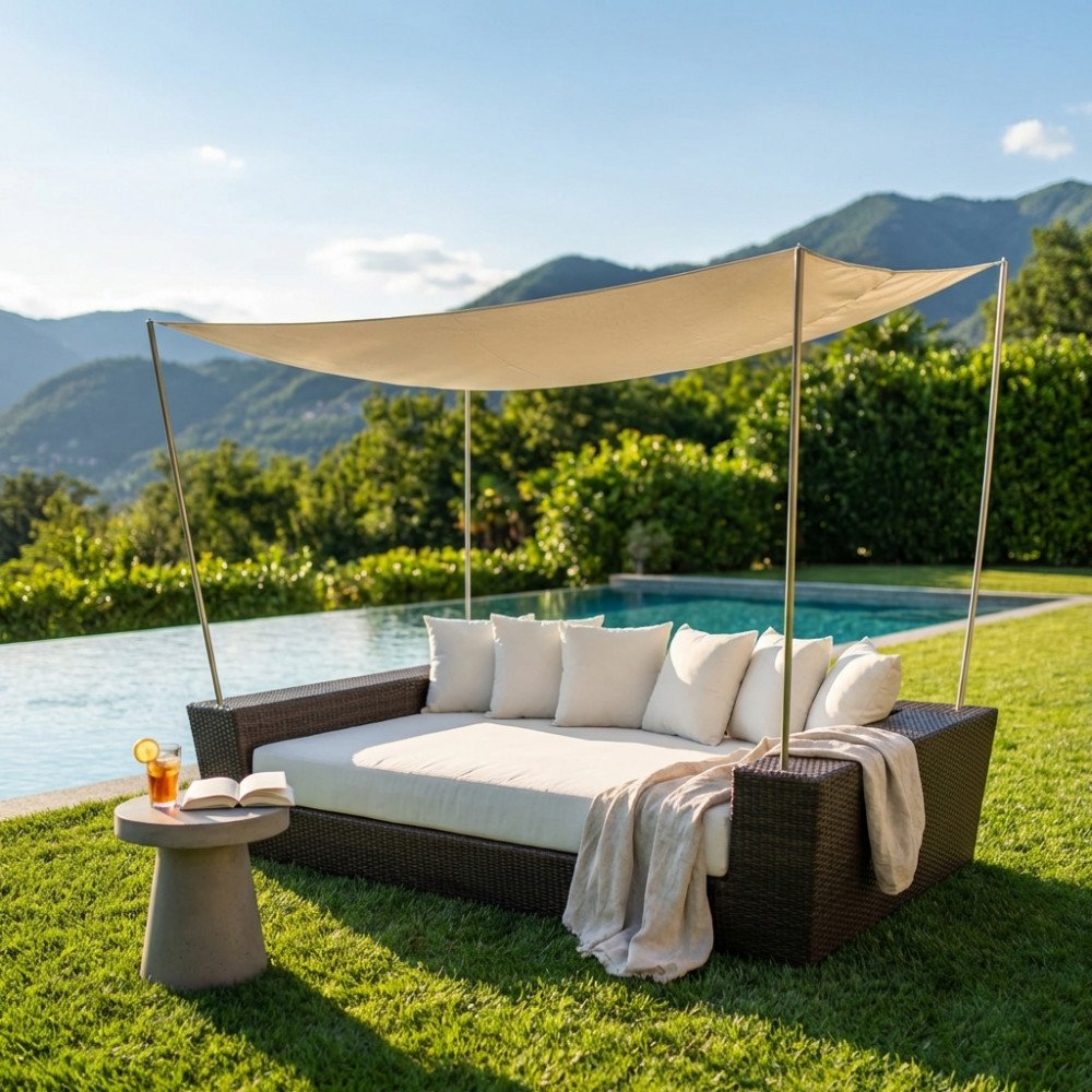 Divano da esterno SHADDY in wicker marrone con tenda ecru, vista frontale su prato e piscina