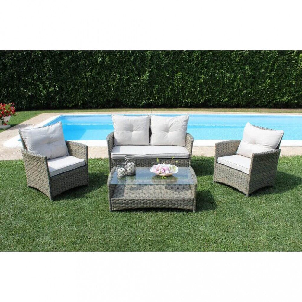 Salotto da giardino TENERIFE in rattan grigio con cuscini bianchi, vista frontale in ambiente esterno