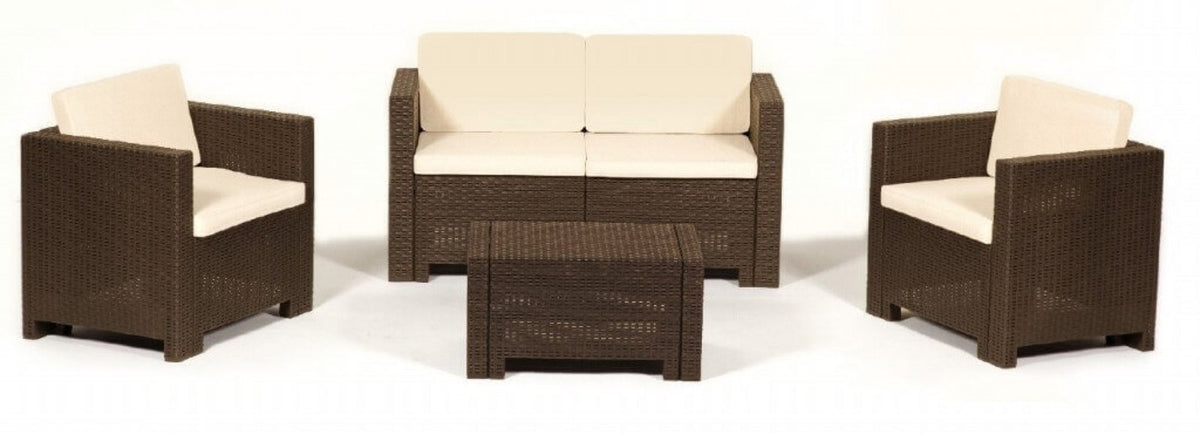 Divano da giardino COLORADO marrone con due poltrone e tavolino, cuscini crema, vista frontale