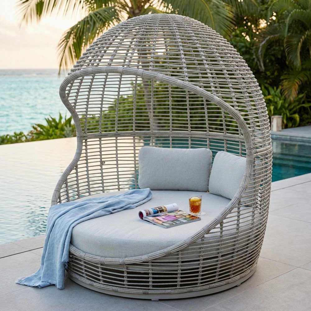 Lettino prendisole USHUAIA grigio chiaro in wicker con cupola, vicino alla piscina