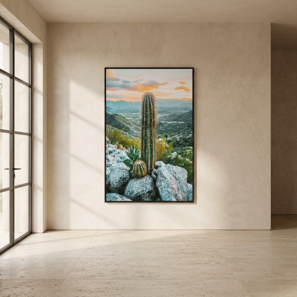 Quadro su Tela Laccata con Cornice in Legno - CACTUS